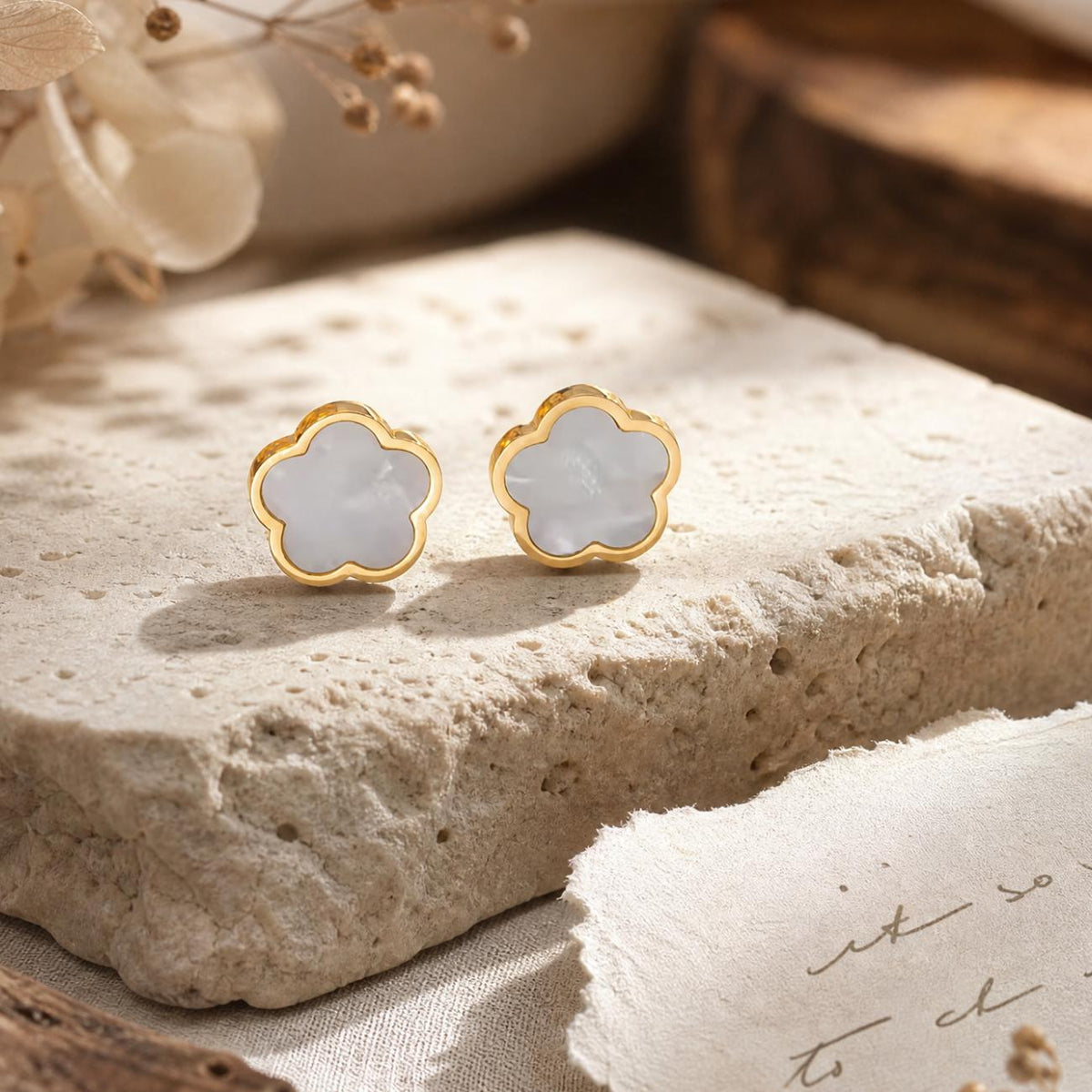 Mother of Pearl Flower Earrings, Gold Clover Stud Earrings, Minimalist Earrings, Birthday Gift for Her