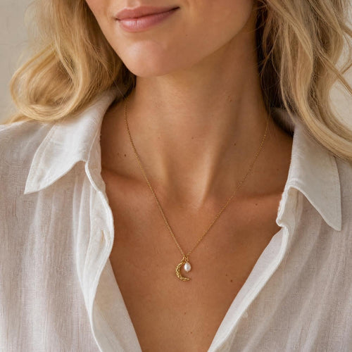 Crescent Moon Necklace, Moon Pearl Necklace, Celestial Necklace, Gold Moon Pendant, Birthday Gift for Her