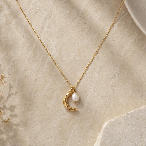 Crescent Moon Necklace, Moon Pearl Necklace, Celestial Necklace, Gold Moon Pendant, Birthday Gift for Her