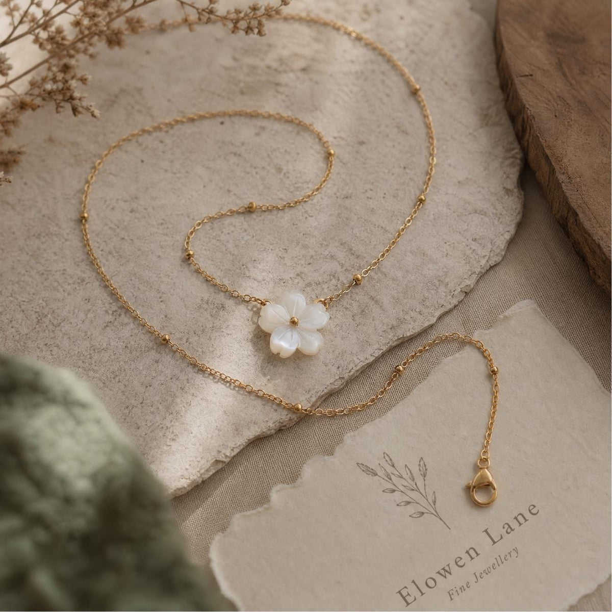 Mother of Pearl Flower Necklace, Gold Plated, Nature Inspired Floral Jewellery