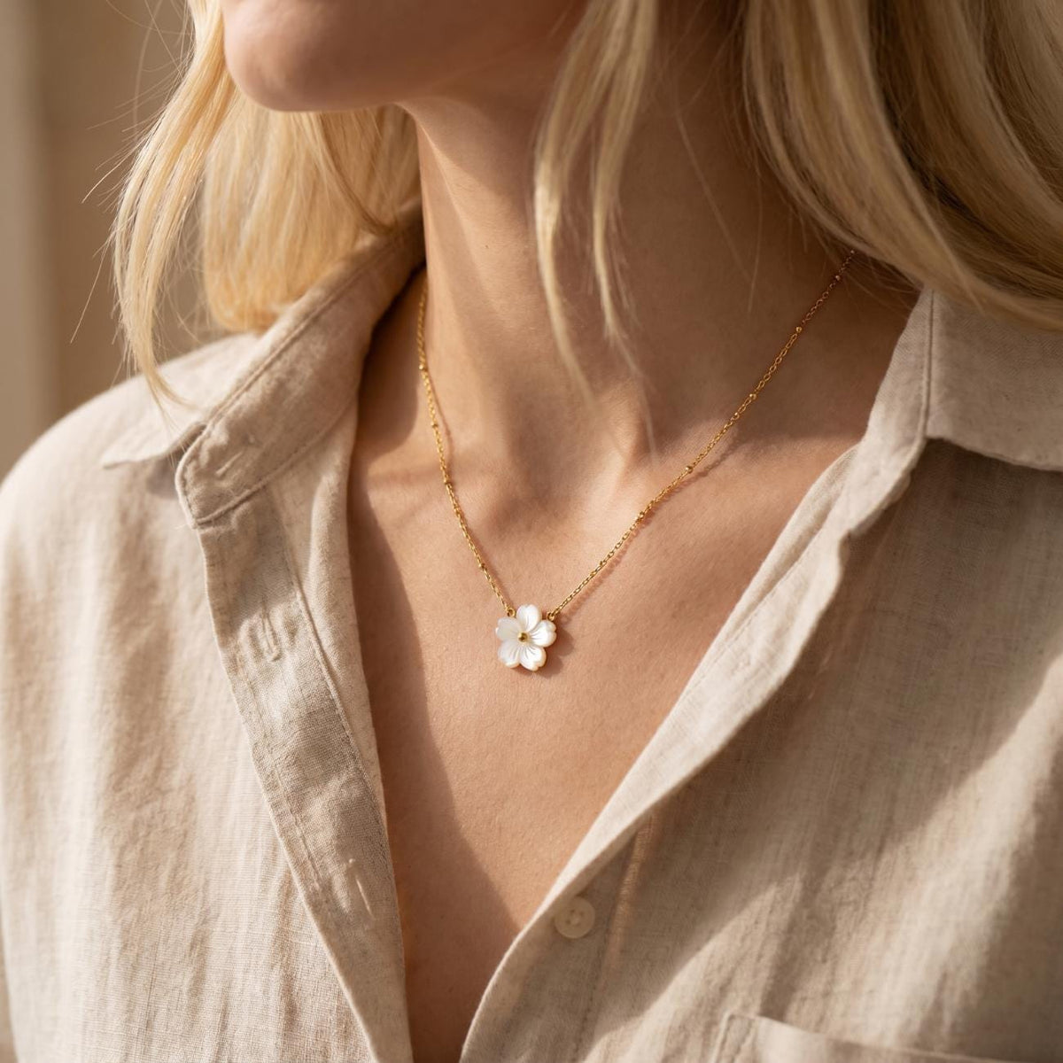 Mother of Pearl Flower Necklace, Gold Plated, Nature Inspired Floral Jewellery