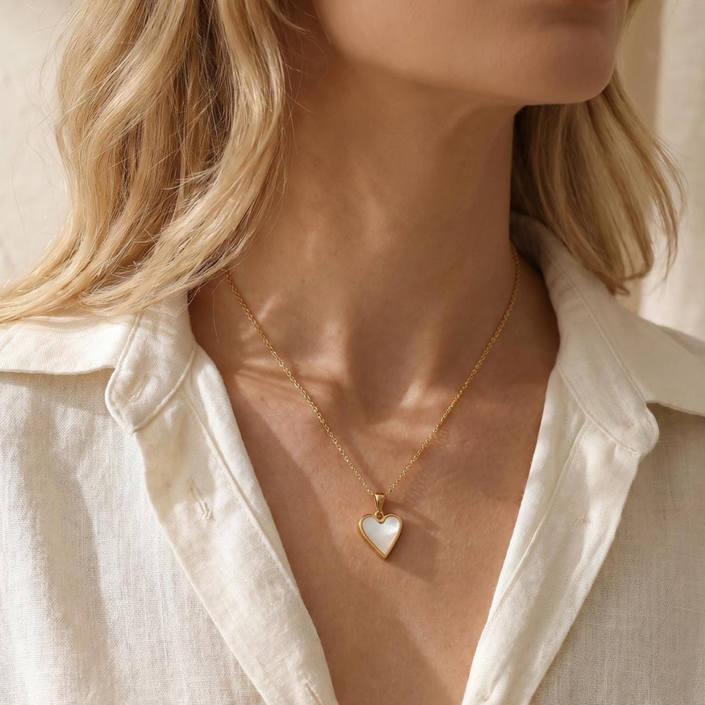 Personalised Mother of Pearl Heart Necklace, Engraved Keepsake Gift for Her, Gold Heart Necklace
