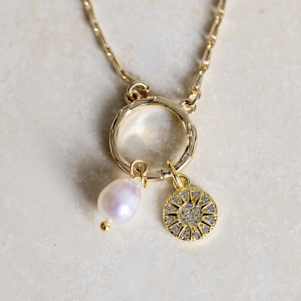 Gold Sun and Pearl Charm Necklace, Meaningful Gift for Her, Sparkling Celestial Necklace, Birthday Gift for Daughter Sister Friend