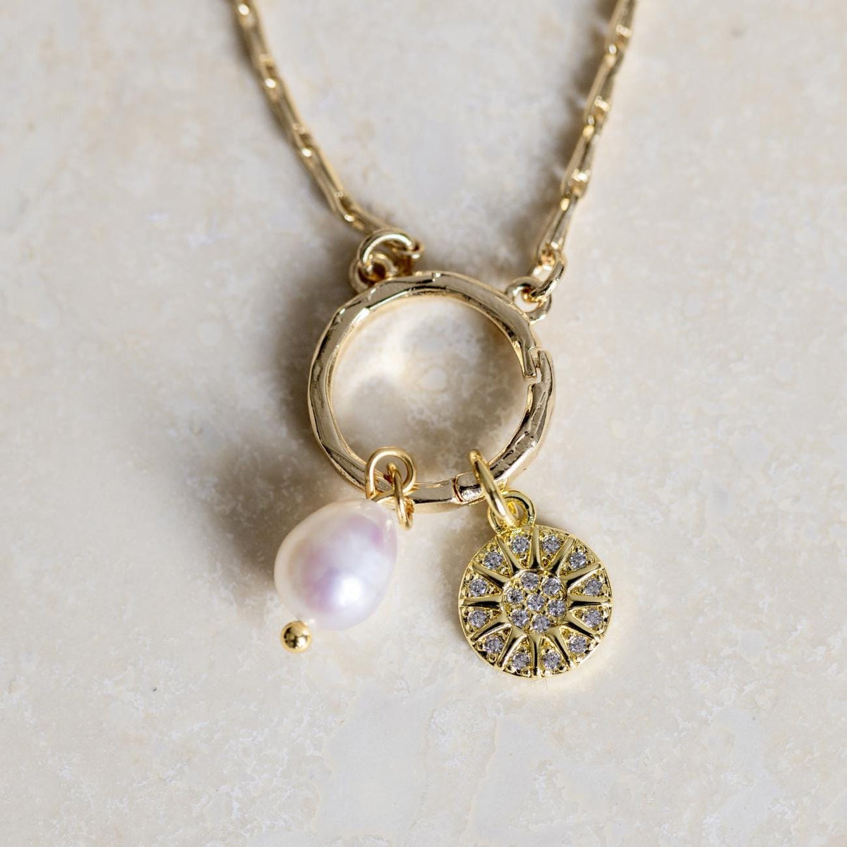 Gold Sun and Pearl Charm Necklace, Meaningful Gift for Her, Sparkling Celestial Necklace, Birthday Gift for Daughter Sister Friend