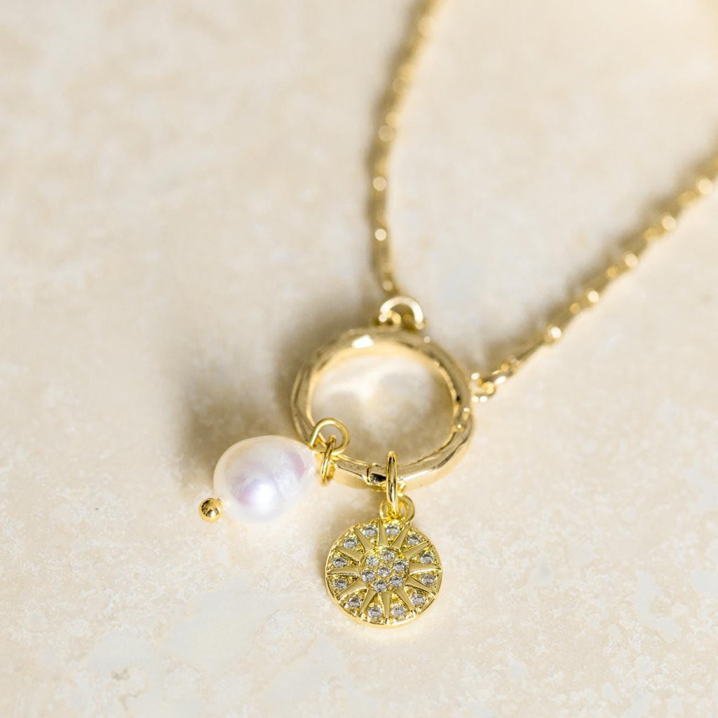 Gold Sun and Pearl Charm Necklace, Meaningful Gift for Her, Sparkling Celestial Necklace, Birthday Gift for Daughter Sister Friend