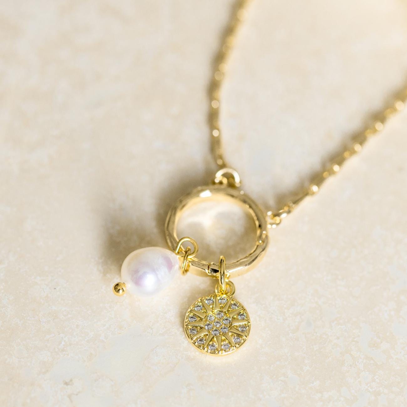 Gold Sun and Pearl Charm Necklace, Meaningful Gift for Her, Sparkling Celestial Necklace, Birthday Gift for Daughter Sister Friend