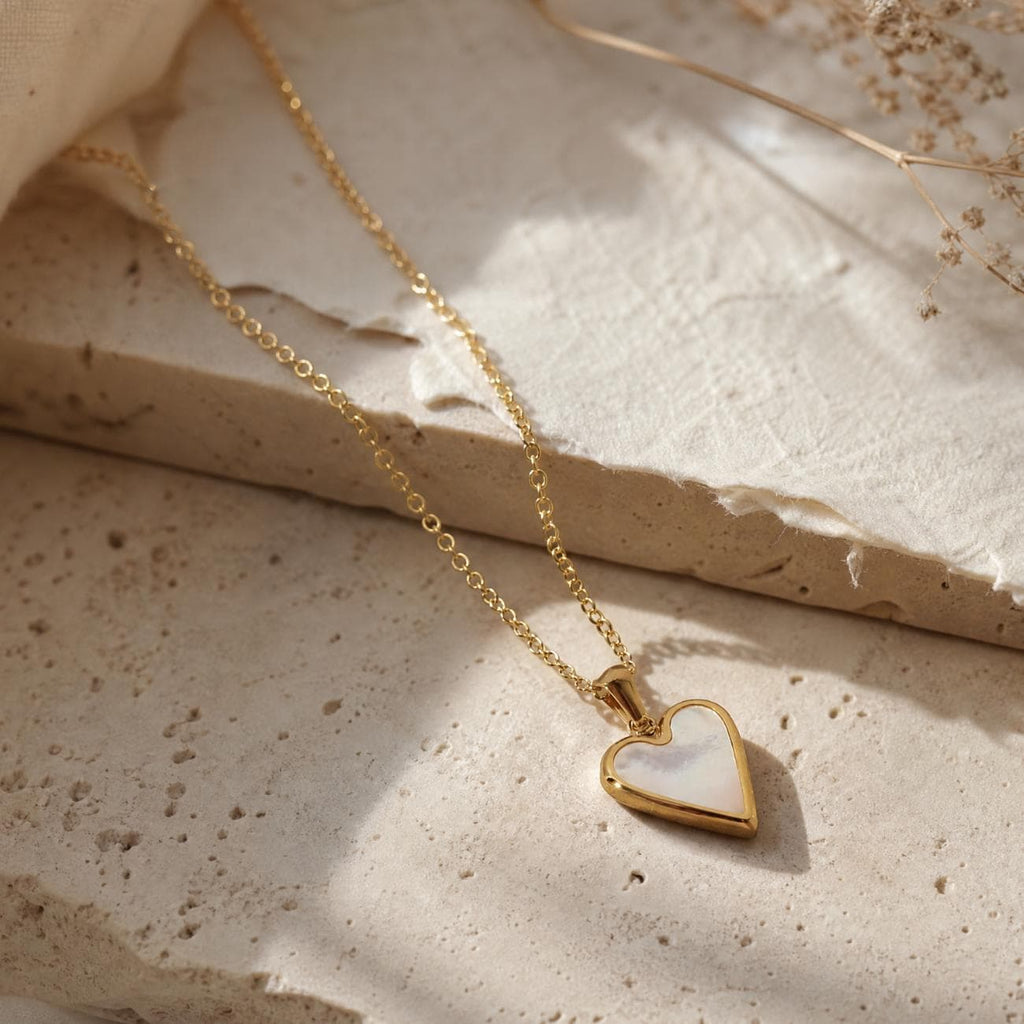 Personalised Mother of Pearl Heart Necklace, Engraved Keepsake Gift for Her, Gold Heart Necklace