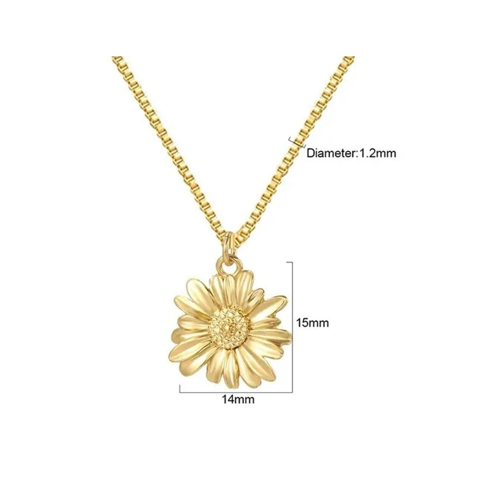 Gold plated necklace featuring a daisy-shaped pendant. The pendant measures 15mm in height and 14mm in width. The chain has a diameter of 1.2mm. The flower design includes textured petals and a detailed centre, suspended from a box chain.