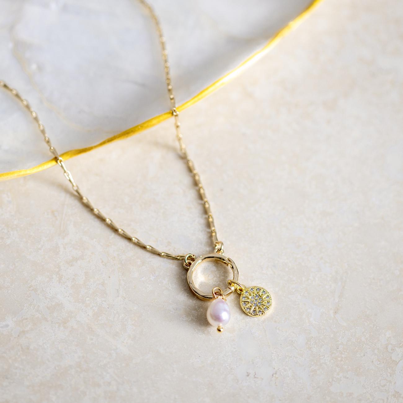 Gold Sun and Pearl Charm Necklace, Meaningful Gift for Her, Sparkling Celestial Necklace, Birthday Gift for Daughter Sister Friend