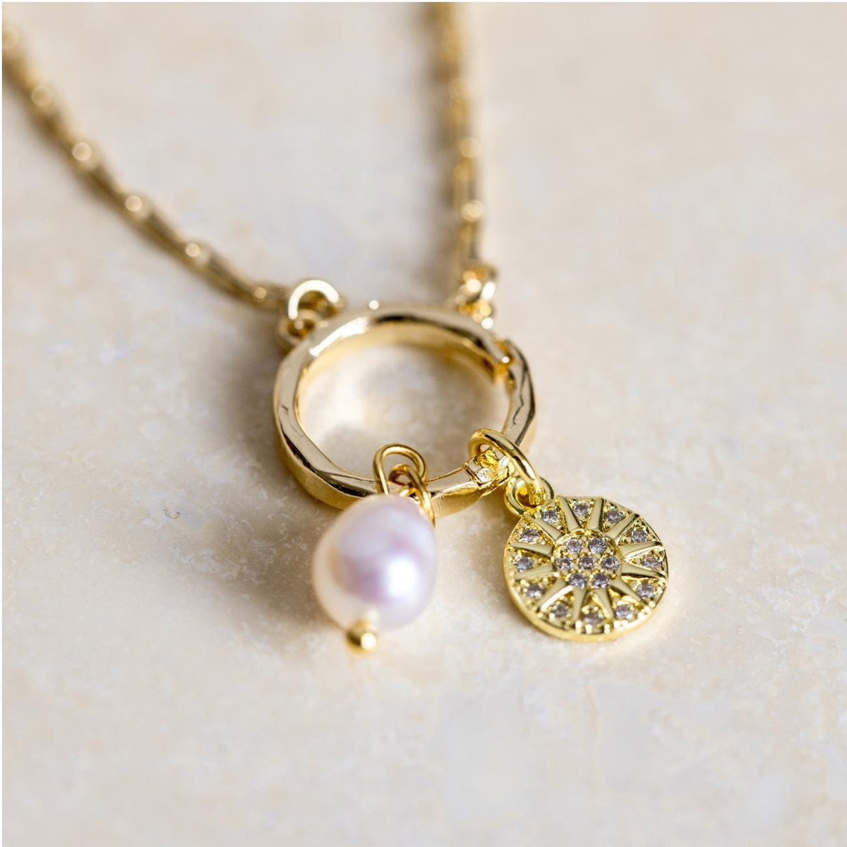 Gold Sun and Pearl Charm Necklace, Meaningful Gift for Her, Sparkling Celestial Necklace, Birthday Gift for Daughter Sister Friend