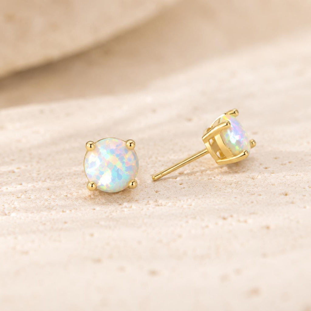 White Opal Stud Earrings, Tiny Gold Opal Earrings, Dainty 5mm Studs, October Birthstone, Minimalist Earrings, Birthday Gift for Her