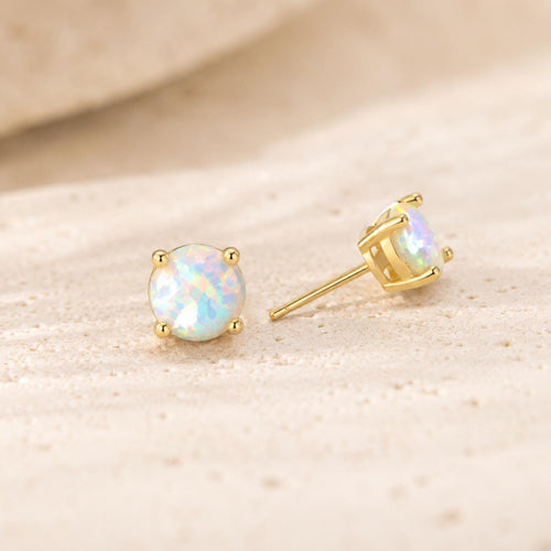 White Opal Stud Earrings, Tiny Gold Opal Earrings, Dainty 5mm Studs, October Birthstone, Minimalist Earrings, Birthday Gift for Her