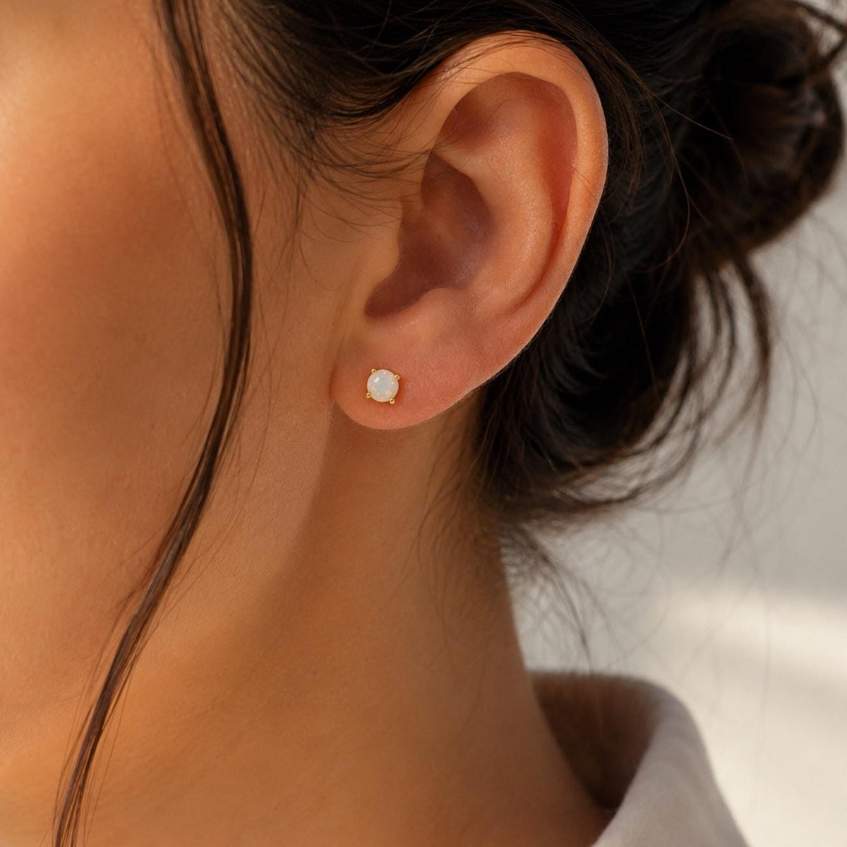 White Opal Stud Earrings, Tiny Gold Opal Earrings, Dainty 5mm Studs, October Birthstone, Minimalist Earrings, Birthday Gift for Her