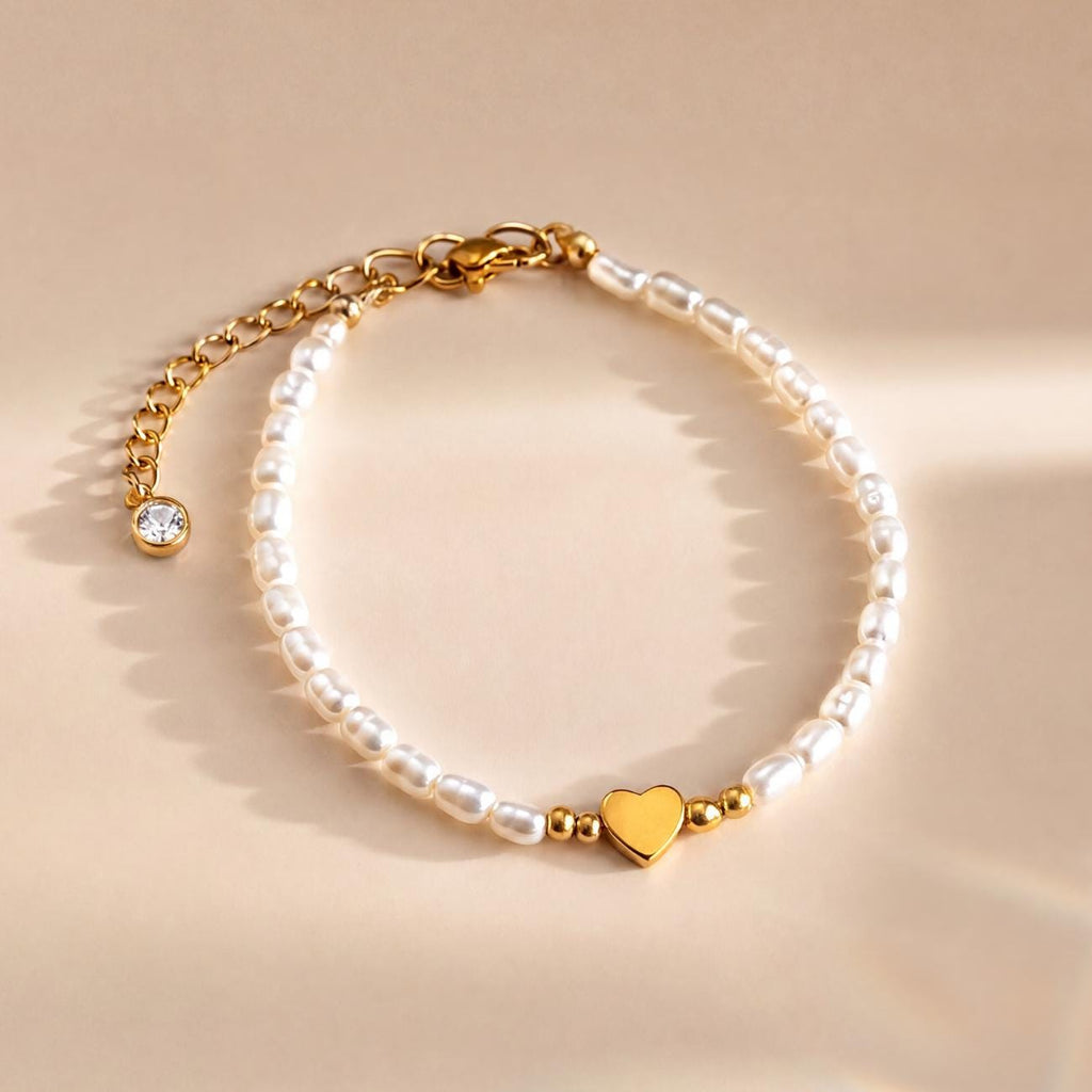 Pearl Heart Bracelet, Bridesmaid Bracelet, Flower Girl Jewellery, Dainty Pearl Bracelet, Gift for Her Birthday