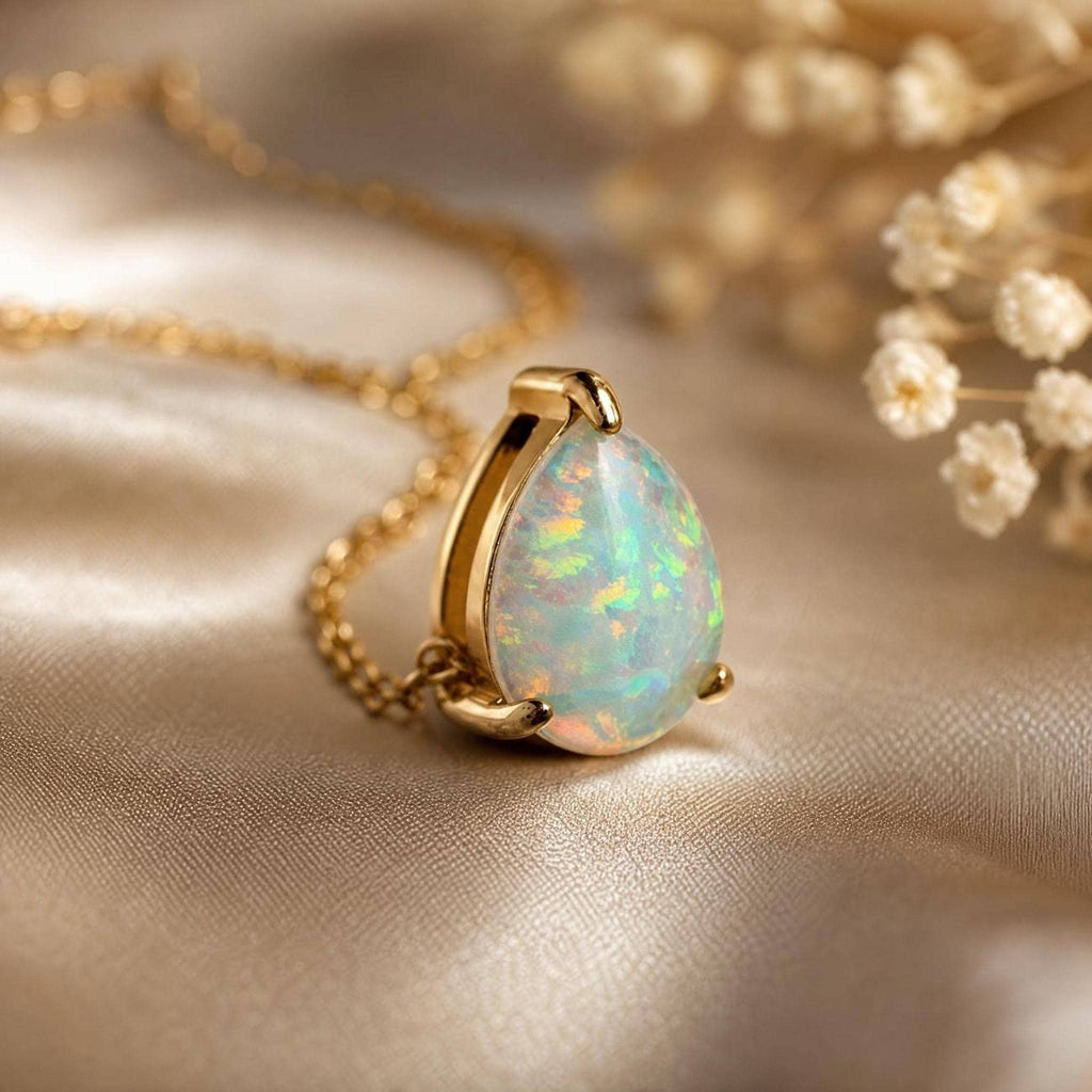A close-up of a gold-set, teardrop-shaped white opal pendant on a gold chain, resting on a satin fabric.