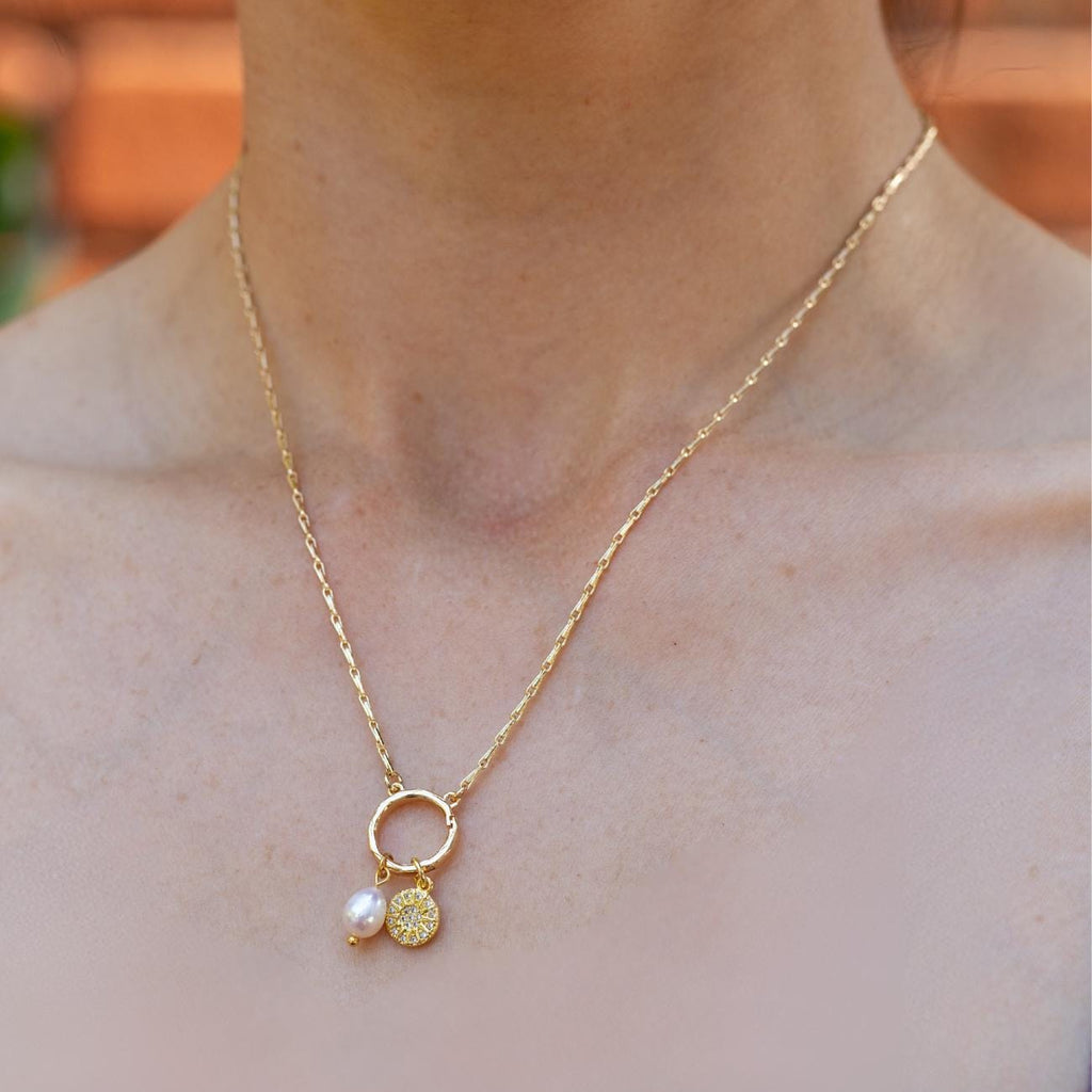 Gold Sun and Pearl Charm Necklace, Meaningful Gift for Her, Sparkling Celestial Necklace, Birthday Gift for Daughter Sister Friend