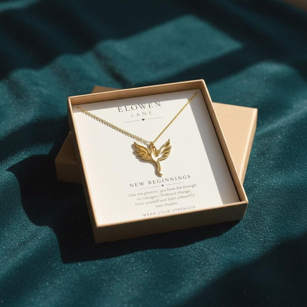 Gold Phoenix Necklace, Flying Phoenix Pendant, Symbolic Jewellery, Rebirth and Strength Necklace, New Beginnings Gift for Her, Birthday Gift shown in an AI-generated listing photo