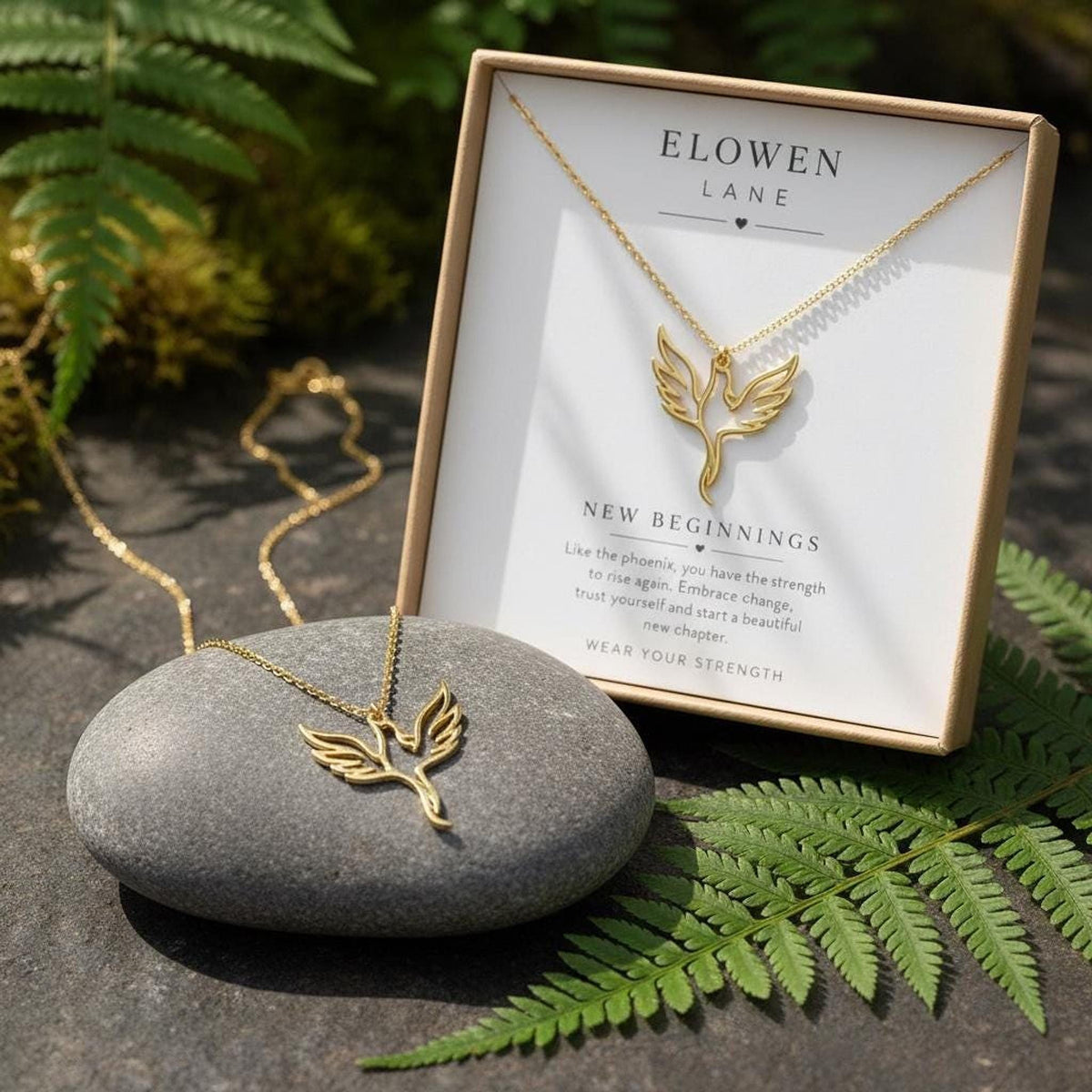 Gold Phoenix Necklace, Flying Phoenix Pendant, Symbolic Jewellery, Rebirth and Strength Necklace, New Beginnings Gift for Her, Birthday Gift shown in an AI-generated listing photo