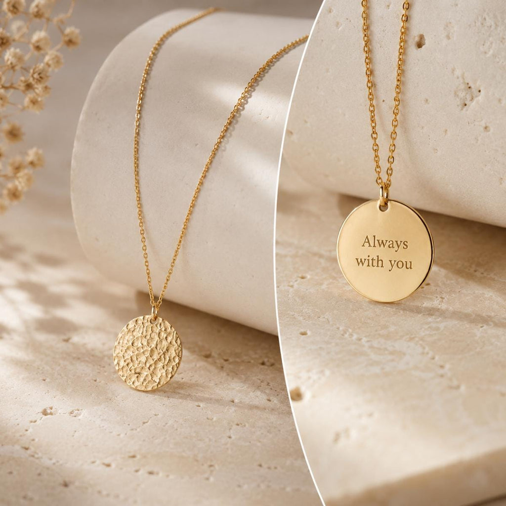 Personalised Hammered Disc Necklace, Engraved Secret Message Necklace, Textured Pendant, Custom Necklace for Her
