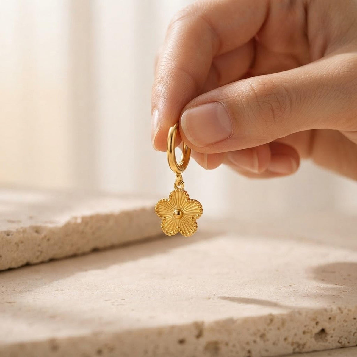 Gold Clover Huggie Earrings, Floral Earrings Jewellery Gift for Her, 22K Waterproof Earrings shown in an AI-generated listing photo