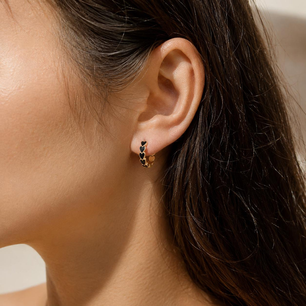 Black Heart Hoop Earrings, Black Enamel Earrings, Dainty Gold Hoops, Heart Earrings for Women