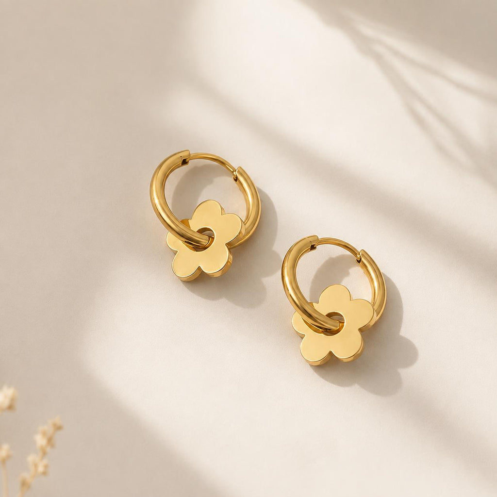 Gold Flower Huggie Earrings, Dainty Hoop Earrings, Everyday Earrings, Birthday Gift for Her