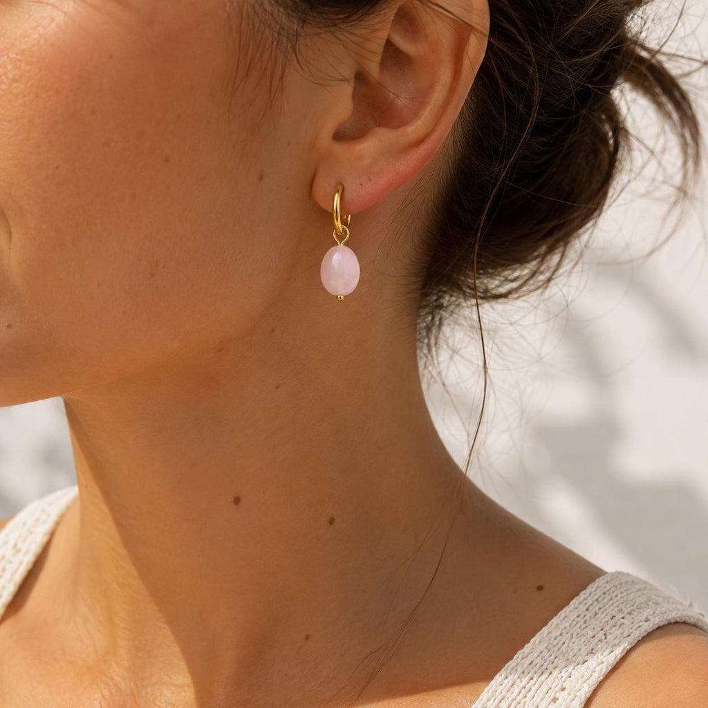 Rose Quartz Drop Huggie Earrings - Pink Gemstone Huggies Gift for Her