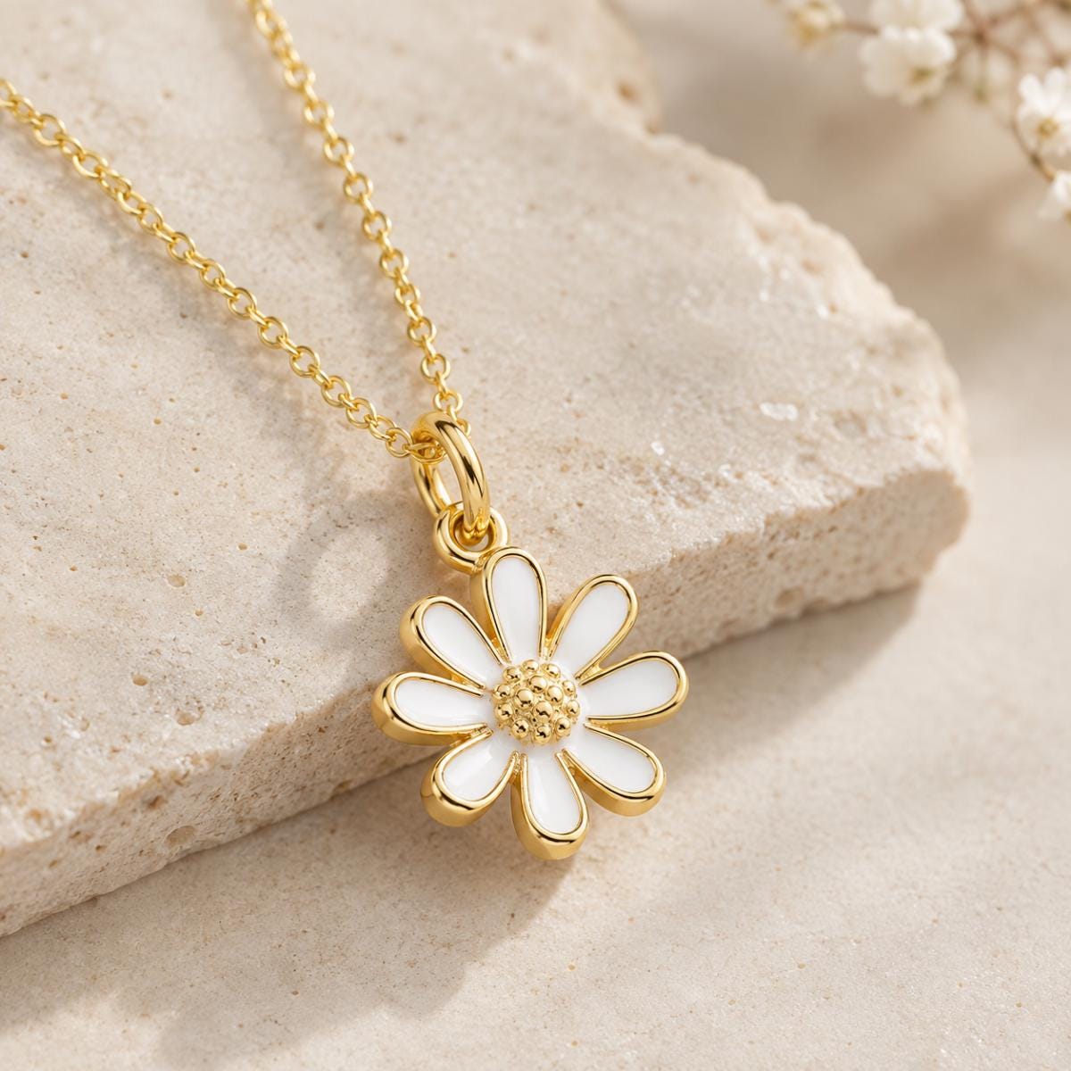 Daisy Necklace, 18K Gold Plated White Enamel Flower Pendant, Dainty Floral Necklace, New Beginnings Gift for Her