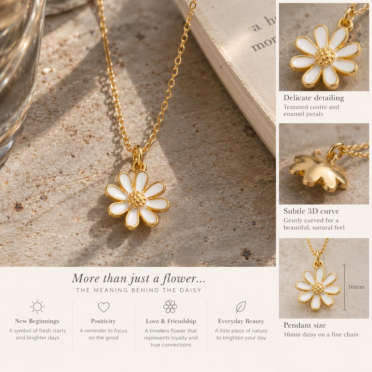 Daisy Necklace, 18K Gold Plated White Enamel Flower Pendant, Dainty Floral Necklace, New Beginnings Gift for Her