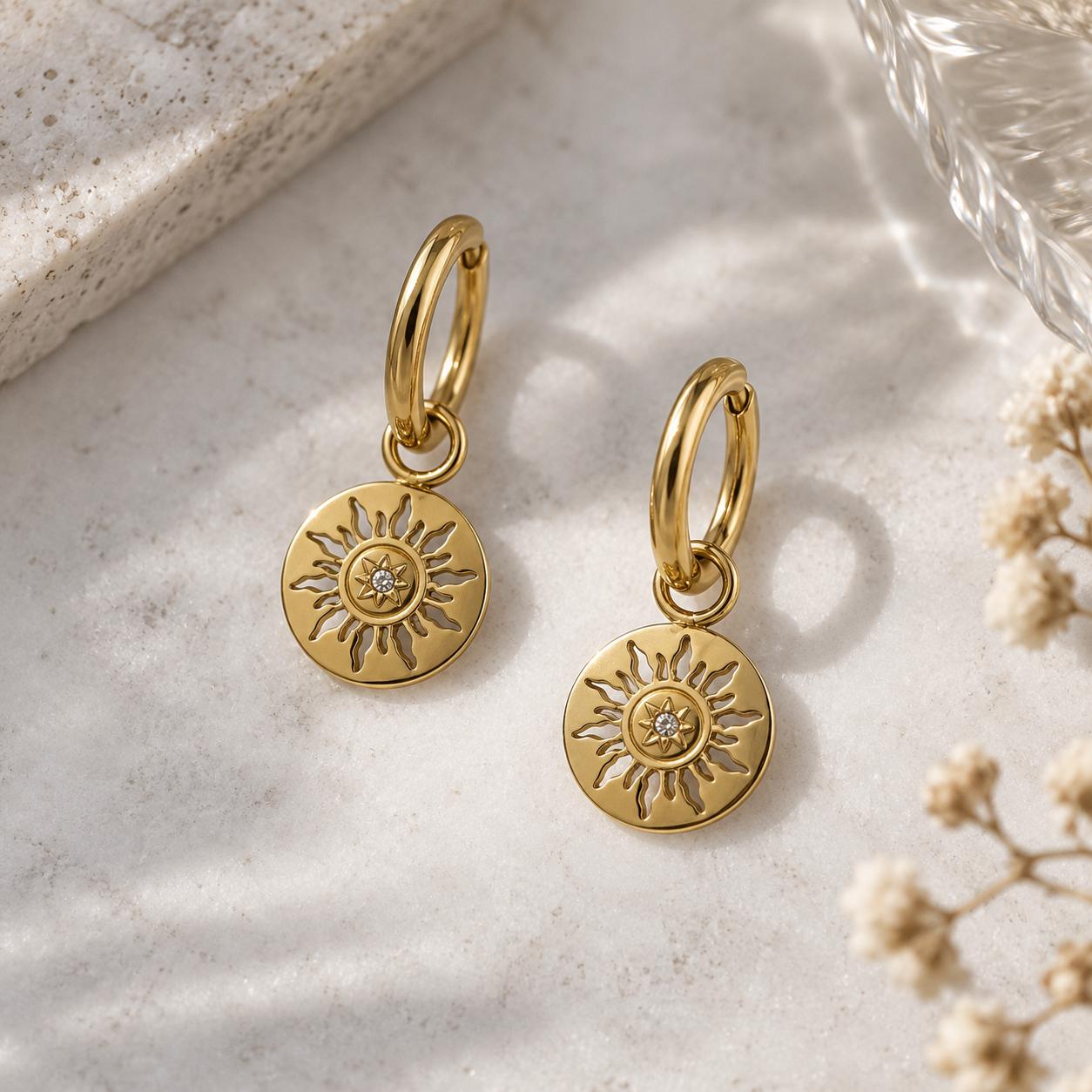 Gold Sunburst Huggie Earrings, 22K Gold Plated Waterproof Celestial Sun Charm Hoops, Tarnish Resistant Earrings, Gift for Her