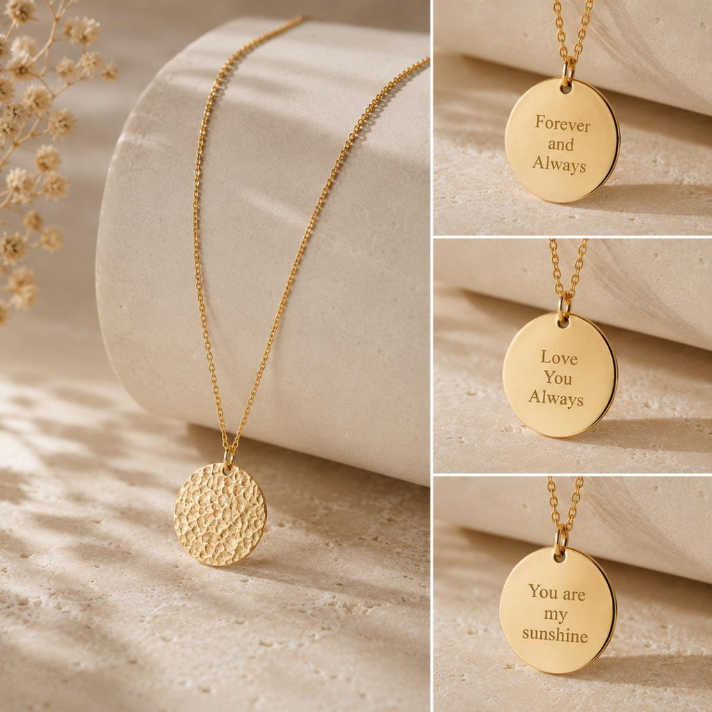 Personalised Hammered Disc Necklace, Engraved Secret Message Necklace, Textured Pendant, Custom Necklace for Her