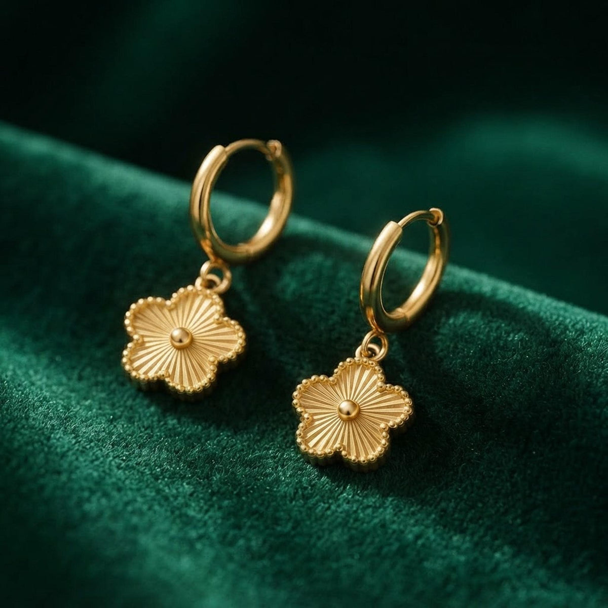 Gold Clover Huggie Earrings, Floral Earrings Jewellery Gift for Her, 22K Waterproof Earrings shown in an AI-generated listing photo