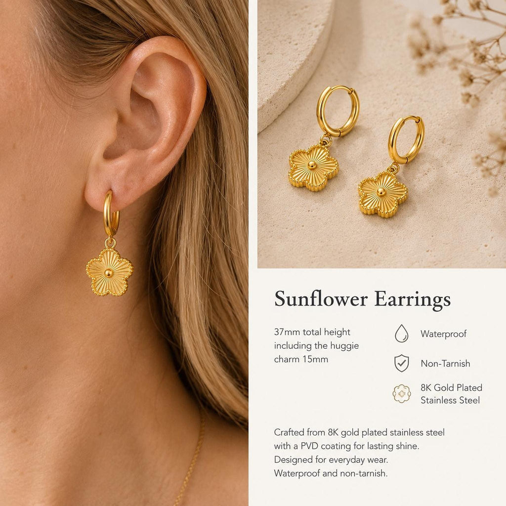 A split image showing one gold sunflower earring worn on an ear on the left, and product details on the right.