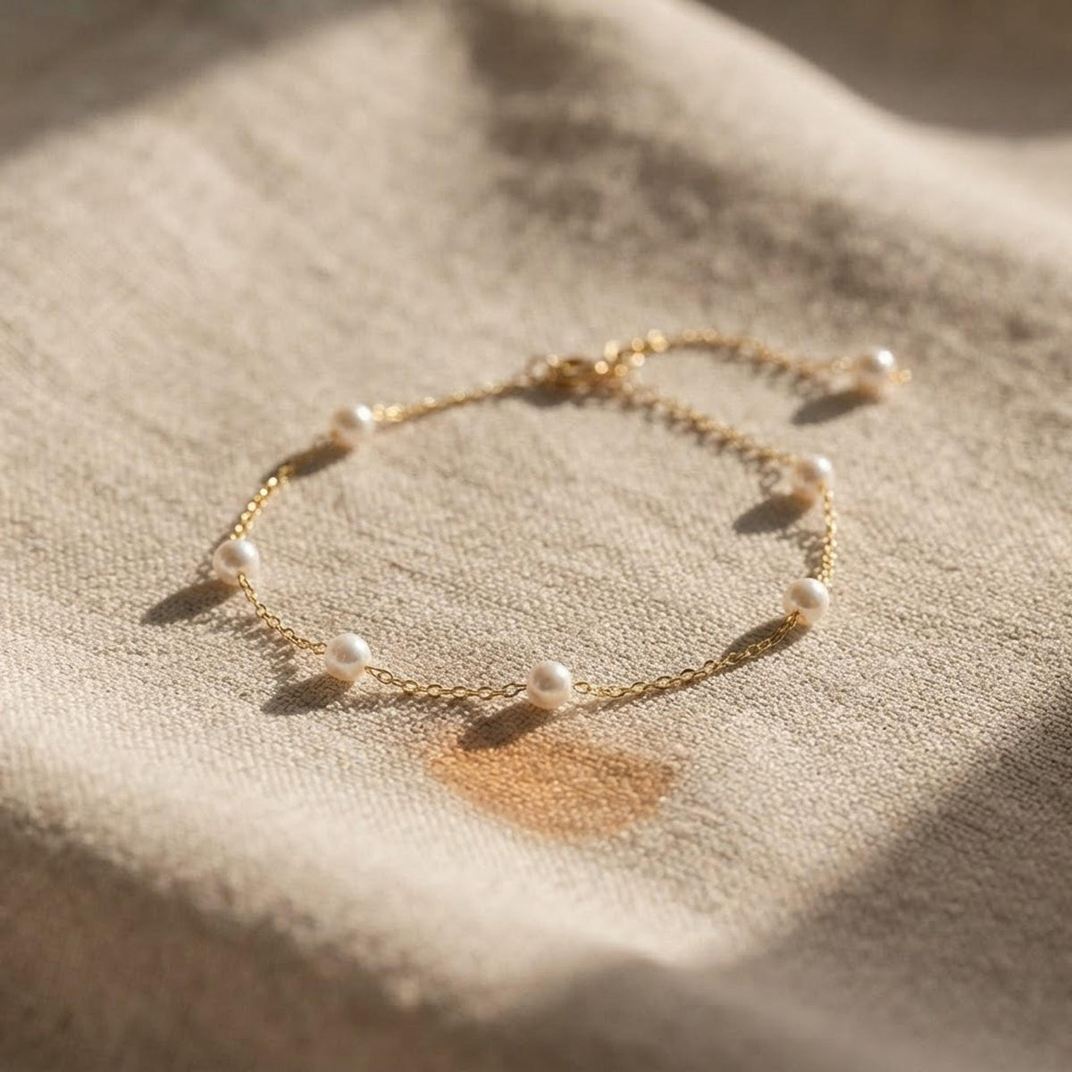 Pearl Station Bracelet, Dainty Gold Minimalist Jewellery, Bridesmaid Gift for Her shown in an AI-generated listing photo