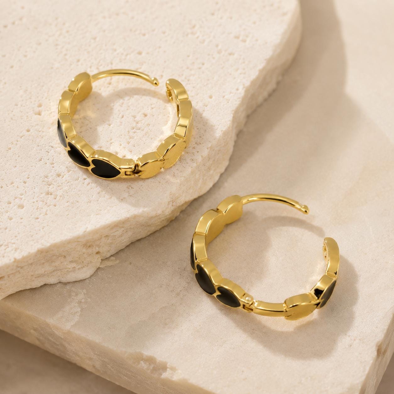 Black Heart Hoop Earrings, Black Enamel Earrings, Dainty Gold Hoops, Heart Earrings for Women