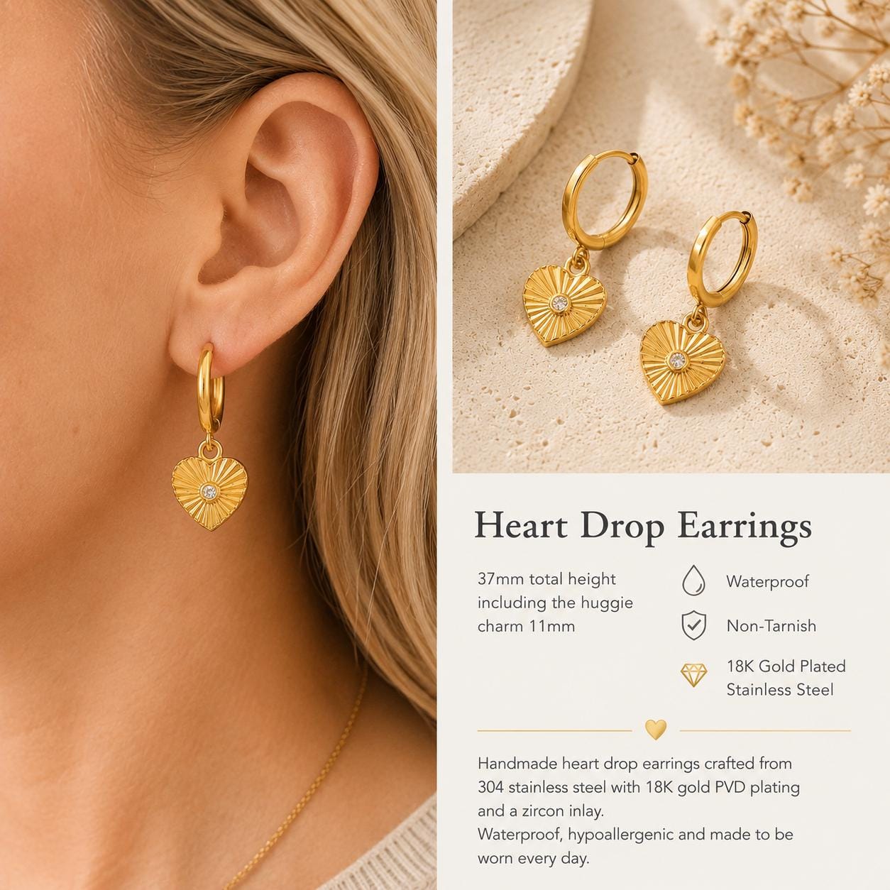 Gold Heart Huggie Earrings with CZ Centre - Waterproof Huggie Earrings