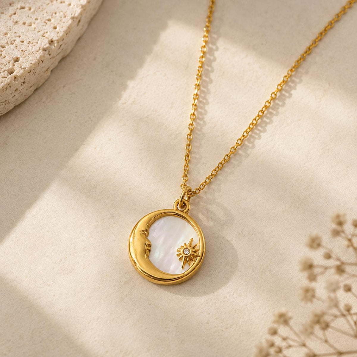 Gold Moon and Star Necklace - Pearlescent Celestial Pendant Birthday Gift for Her