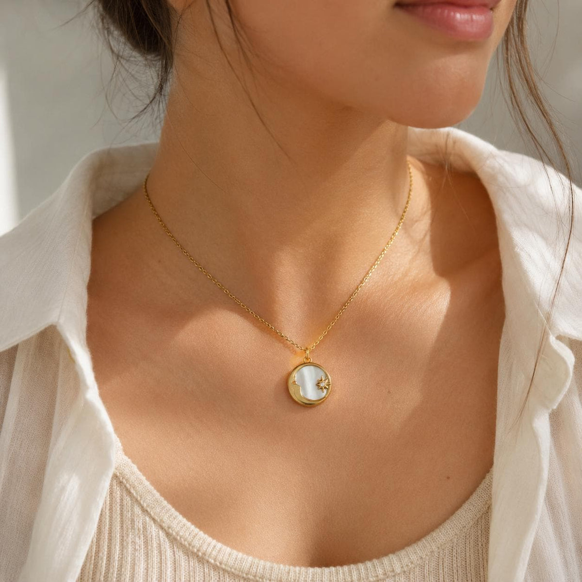 Gold Moon and Star Necklace - Pearlescent Celestial Pendant Birthday Gift for Her