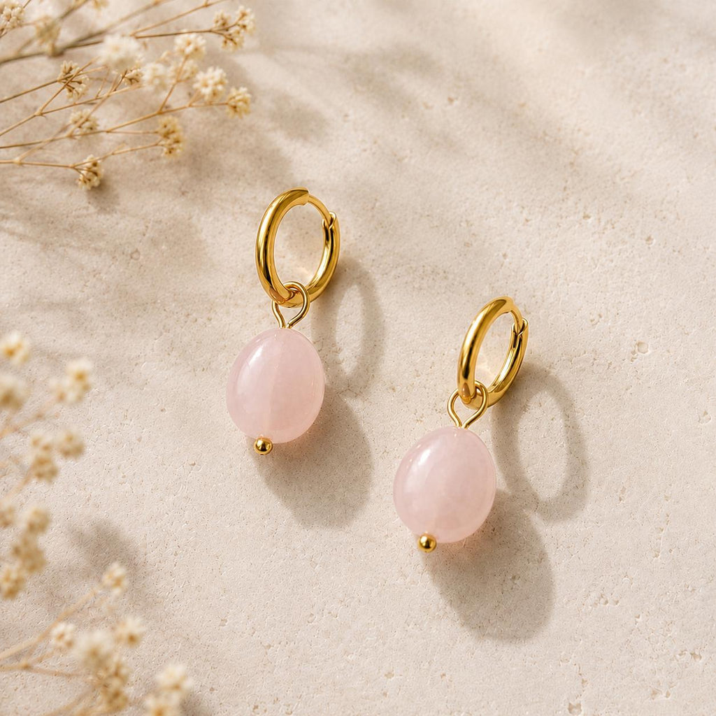Rose Quartz Drop Huggie Earrings - Pink Gemstone Huggies Gift for Her
