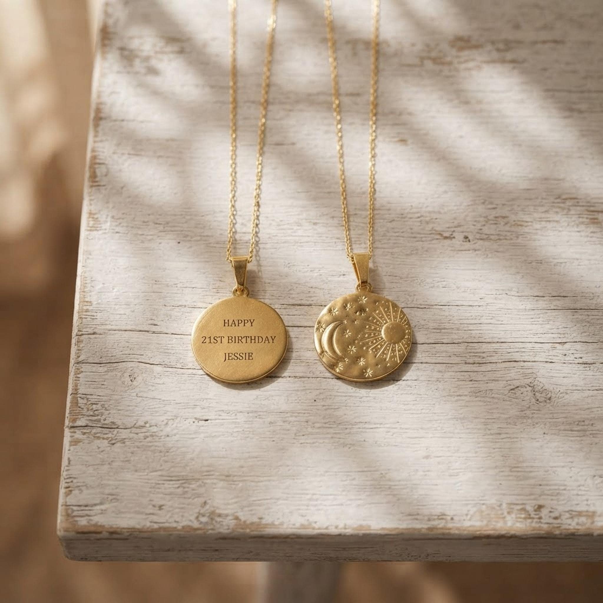 Personalised Sun Moon and Stars Necklace, Engraved Gold Disc Pendant, Custom Name Necklace, Celestial Jewellery, Birthday Gift for Her shown in an AI-generated listing photo