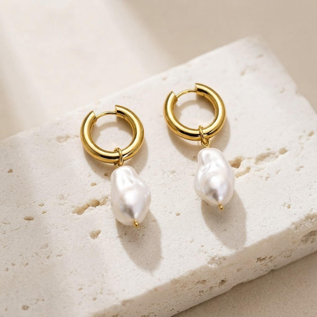 Gold Baroque Pearl Earrings, 18K Gold Plated Pearl Drop Earrings, Waterproof Non Tarnish Hoops, Statement Earrings for Women shown in an AI-generated listing photo
