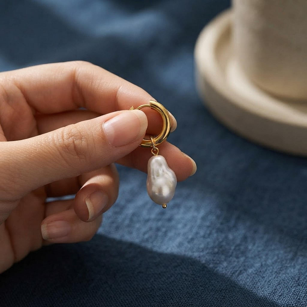 Gold Baroque Pearl Earrings, 18K Gold Plated Pearl Drop Earrings, Waterproof Non Tarnish Hoops, Statement Earrings for Women shown in an AI-generated listing photo