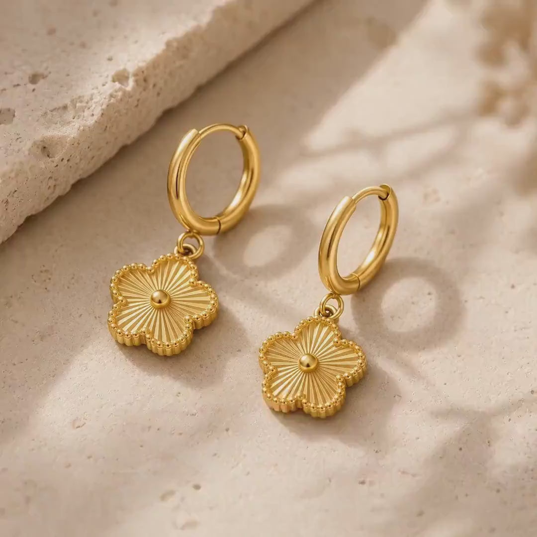 Clover Huggie Earrings, 8K Gold-Plated Stainless Steel, Waterproof Floral Pair
