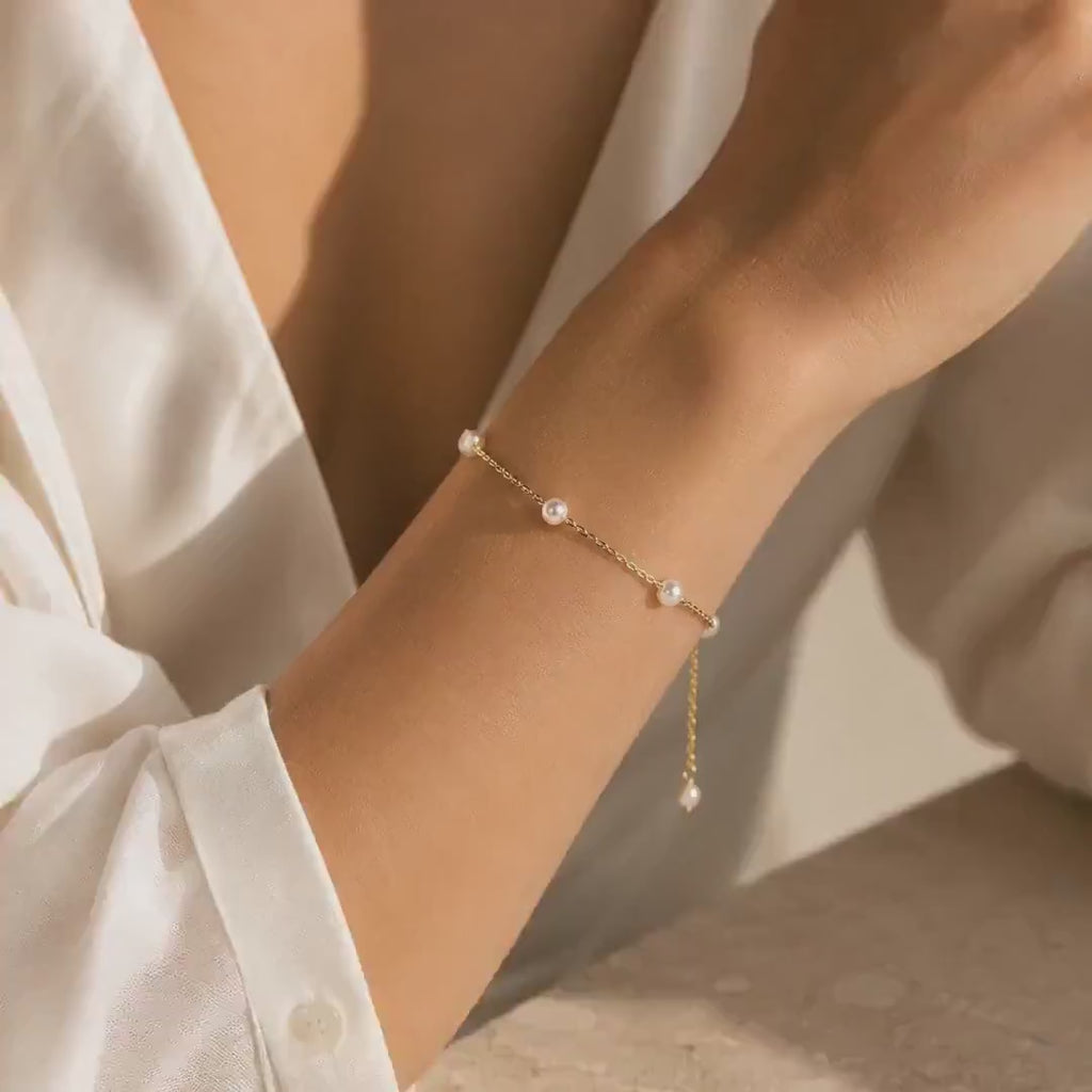 Dainty Pearl Station Bracelet, 14K Gold-Plated Stainless Steel Minimalist Design