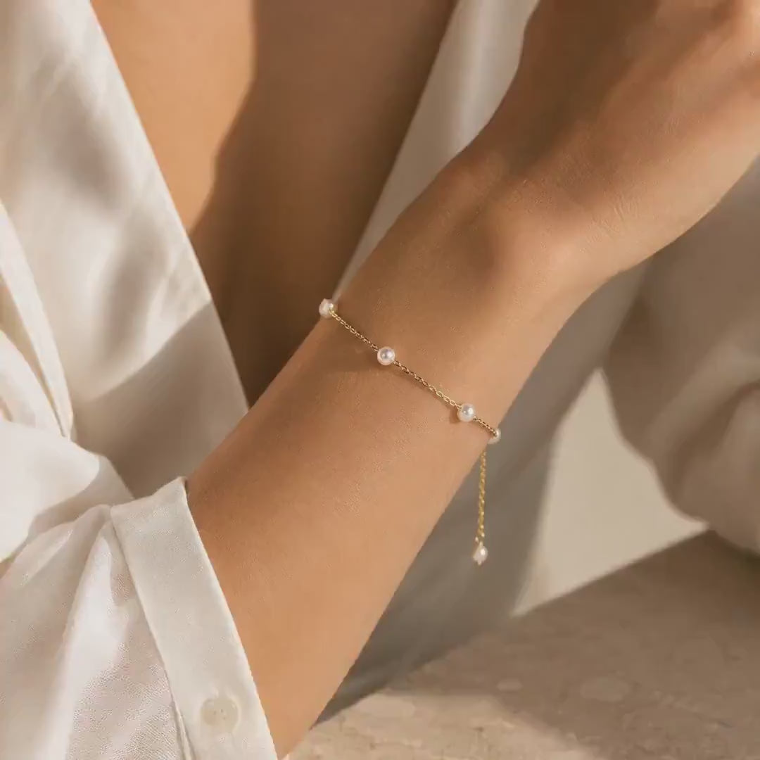 Dainty Pearl Station Bracelet, 14K Gold-Plated Stainless Steel Minimalist Design