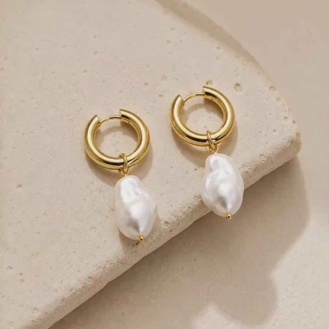 Gold Baroque Pearl Earrings, 18K Plated Statement Style Waterproof Non Tarnish Hoops